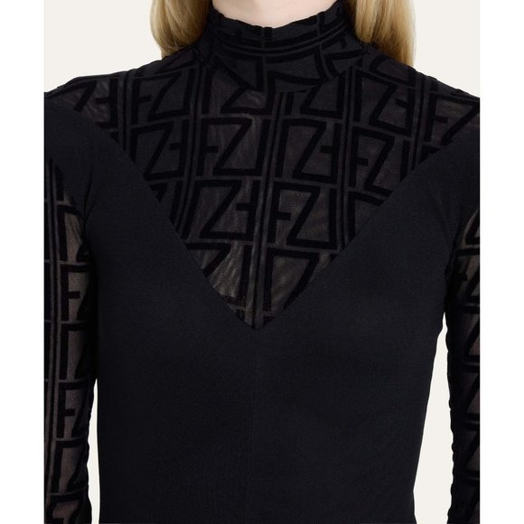 NwT size L 10-12 FUZZI Mock Neck Black Semi Sheer Bodysuit ULTRA SEXY - Picture 6 of 7